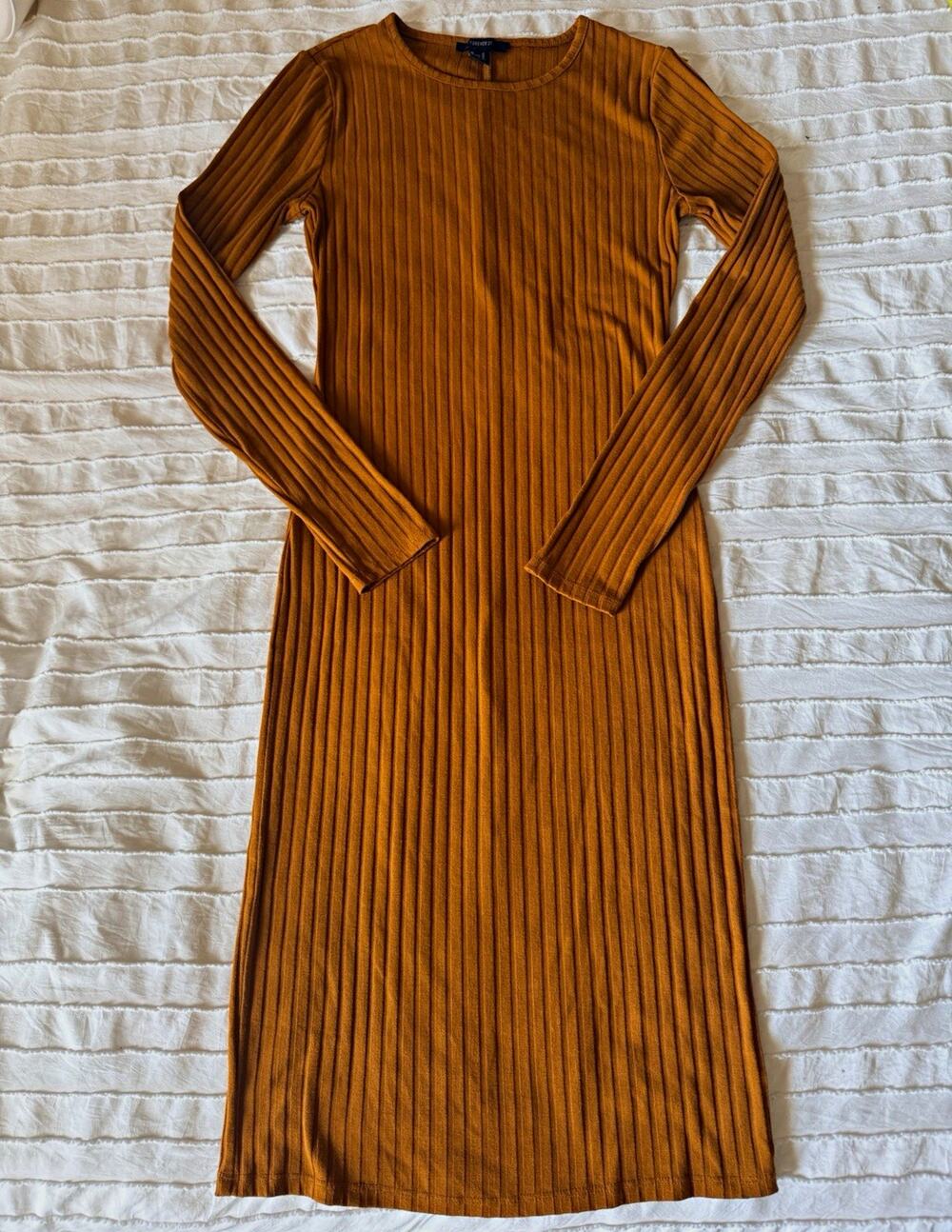 Forever 21 Brown Ribbed Knit Sweater Dress Round Neck Long Sleeve Midi M